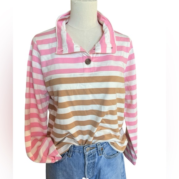 J Crew NWT rugby style striped shirt pullover pink and cream stripes sz medium - Picture 3 of 8